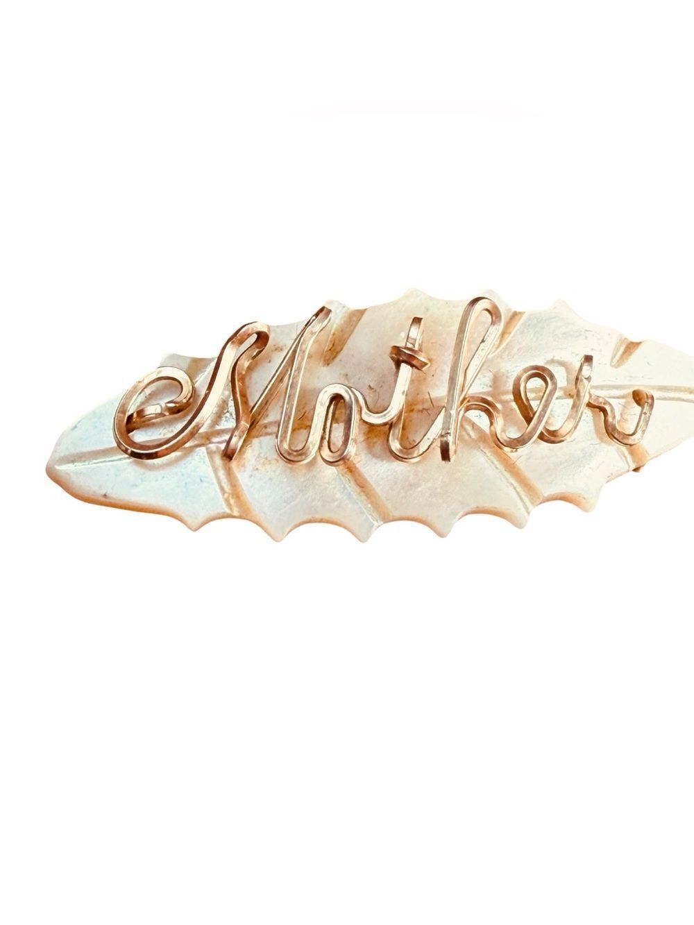 Vintage Mother of Pearl Shell Leaf Brooch Pin Featuring Gold-toned Wire Script